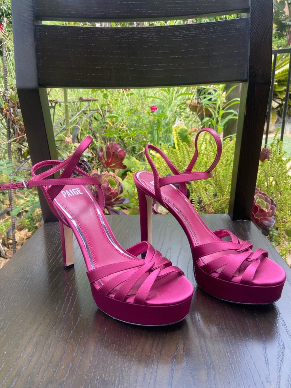 PAIGE Magenta Satin Platform Strappy Heels